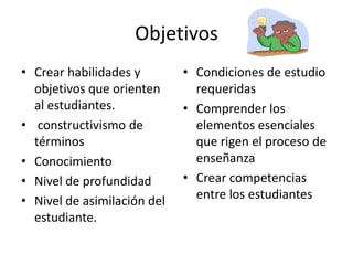 Objetivos
• Crear habilidades y        • Condiciones de estudio
  objetivos que orienten       requeridas
  al estudiantes.            • Comprender los
• constructivismo de           elementos esenciales
  términos                     que rigen el proceso de
• Conocimiento                 enseñanza
• Nivel de profundidad       • Crear competencias
• Nivel de asimilación del     entre los estudiantes
  estudiante.
 