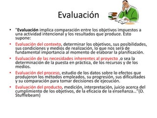 Evaluación
• "Evaluación implica comparación entre los objetivos impuestos a
  una actividad intencional y los resultados que produce. Esto
  supone:
• Evaluación del contexto, determinar los objetivos, sus posibilidades,
  sus condiciones y medios de realización, lo que nos será de
  fundamental importancia al momento de elaborar la planificación.
• Evaluación de las necesidades inherentes al proyecto ,o sea la
  determinación de la puesta en práctica, de los recursos y de los
  medios.
• Evaluación del proceso, estudio de los datos sobre lo efectos que
  produjeron los métodos empleados, su progresión, sus dificultades
  y su comparación para tomar decisiones de ejecución.
• Evaluación del producto, medición, interpretación, juicio acerca del
  cumplimiento de los objetivos, de la eficacia de la enseñanza…”(D.
  Stufflebeam)
 