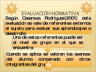 Según Casanova Rodríguez(2001) esta evaluación se vale de referentes externos al sujeto para evaluar sus aprendizajes o desarrollo Cuando se aplica se valoran los avances del alumno comparado con otros integrantes del grupo Uno de estos referentes puede ser el nivel de grupo en el que se encuentra 
