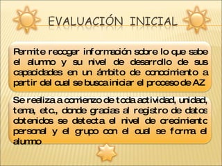 Permite recoger información sobre lo que sabe el alumno y su nivel de desarrollo de sus capacidades en un ámbito de conocimiento a partir del cual se busca iniciar el proceso de AZ Se realiza a comienzo de toda actividad, unidad, tema, etc., donde gracias al registro de datos obtenidos se detecta el nivel de crecimiento personal y el grupo con el cual se forma el alumno 