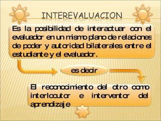 Es la posibilidad de interactuar con el evaluador en un mismo plano de relaciones de poder y autoridad bilaterales entre el estudiante y el evaluador. es decir El reconocimiento del otro como interlocutor e interventor del aprendizaje 