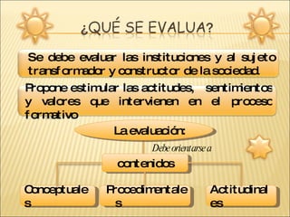 contenidos La evaluación: Procedimentales Actitudinales Conceptuales Debe orientarse a Se debe evaluar las instituciones y al sujeto transformador y constructor de la sociedad . Propone estimular las actitudes,  sentimientos y valores que intervienen en el proceso formativo 
