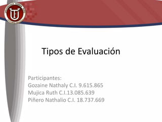 Tipos de Evaluación
Participantes:
Gozaine Nathaly C.I. 9.615.865
Mujica Ruth C.I.13.085.639
Piñero Nathalio C.I. 18.737.669
 