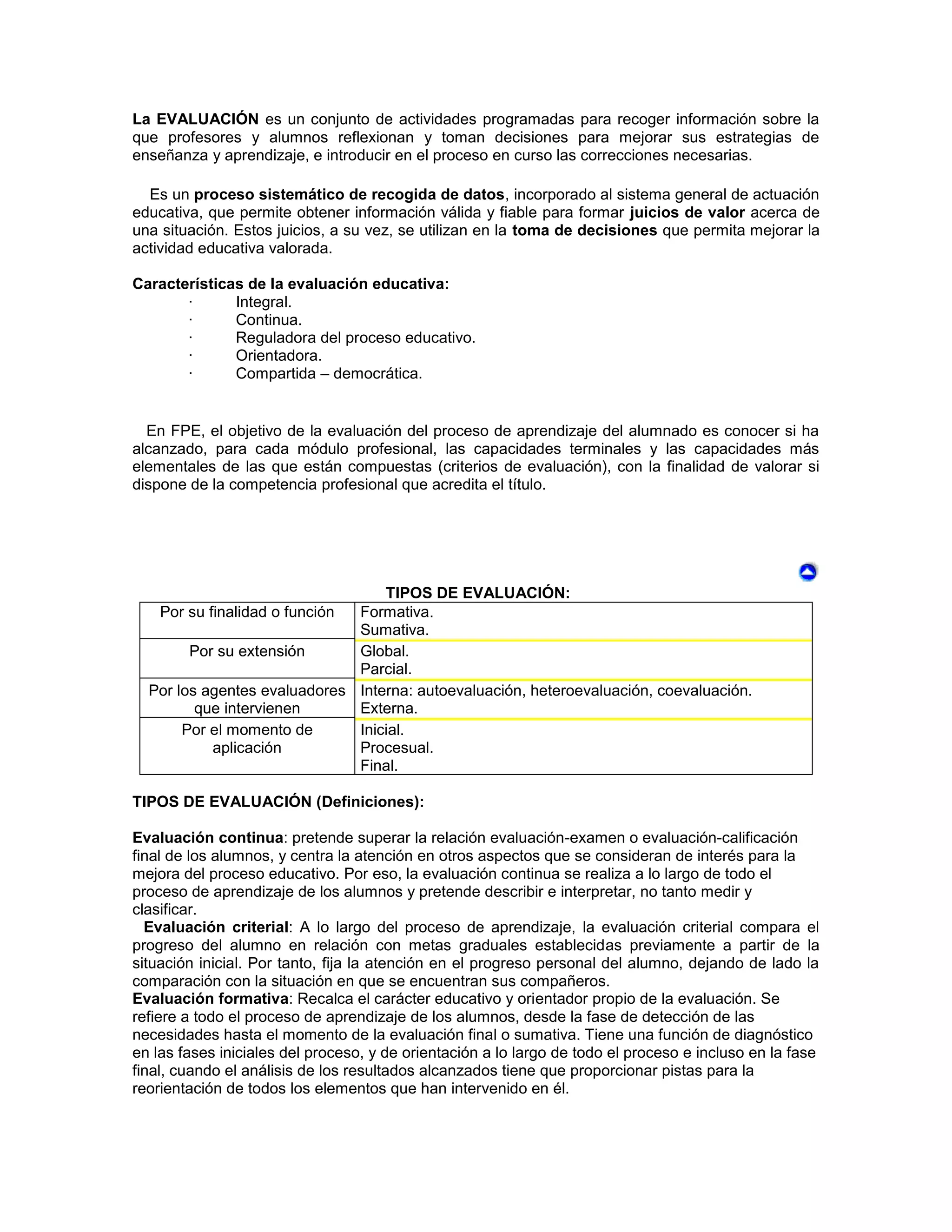 La EVALUACIÓN es un conjunto de actividades programadas para recoger información sobre la
que profesores y alumnos reflexionan y toman decisiones para mejorar sus estrategias de
enseñanza y aprendizaje, e introducir en el proceso en curso las correcciones necesarias.

  Es un proceso sistemático de recogida de datos, incorporado al sistema general de actuación
educativa, que permite obtener información válida y fiable para formar juicios de valor acerca de
una situación. Estos juicios, a su vez, se utilizan en la toma de decisiones que permita mejorar la
actividad educativa valorada.

Características de la evaluación educativa:
       ·      Integral.
       ·      Continua.
       ·      Reguladora del proceso educativo.
       ·      Orientadora.
       ·      Compartida – democrática.


  En FPE, el objetivo de la evaluación del proceso de aprendizaje del alumnado es conocer si ha
alcanzado, para cada módulo profesional, las capacidades terminales y las capacidades más
elementales de las que están compuestas (criterios de evaluación), con la finalidad de valorar si
dispone de la competencia profesional que acredita el título.




                                  TIPOS DE EVALUACIÓN:
    Por su finalidad o funciónFormativa.
                              Sumativa.
        Por su extensión      Global.
                              Parcial.
  Por los agentes evaluadores Interna: autoevaluación, heteroevaluación, coevaluación.
         que intervienen      Externa.
       Por el momento de      Inicial.
           aplicación         Procesual.
                              Final.

TIPOS DE EVALUACIÓN (Definiciones):

Evaluación continua: pretende superar la relación evaluación-examen o evaluación-calificación
final de los alumnos, y centra la atención en otros aspectos que se consideran de interés para la
mejora del proceso educativo. Por eso, la evaluación continua se realiza a lo largo de todo el
proceso de aprendizaje de los alumnos y pretende describir e interpretar, no tanto medir y
clasificar.
  Evaluación criterial: A lo largo del proceso de aprendizaje, la evaluación criterial compara el
progreso del alumno en relación con metas graduales establecidas previamente a partir de la
situación inicial. Por tanto, fija la atención en el progreso personal del alumno, dejando de lado la
comparación con la situación en que se encuentran sus compañeros.
Evaluación formativa: Recalca el carácter educativo y orientador propio de la evaluación. Se
refiere a todo el proceso de aprendizaje de los alumnos, desde la fase de detección de las
necesidades hasta el momento de la evaluación final o sumativa. Tiene una función de diagnóstico
en las fases iniciales del proceso, y de orientación a lo largo de todo el proceso e incluso en la fase
final, cuando el análisis de los resultados alcanzados tiene que proporcionar pistas para la
reorientación de todos los elementos que han intervenido en él.
 