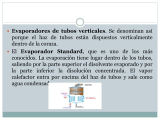  Evaporadores de tubos verticales. Se denominan así
porque el haz de tubos están dispuestos verticalmente
dentro de la coraza.
 El Evaporador Standard, que es uno de los más
conocidos. La evaporación tiene lugar dentro de los tubos,
saliendo por la parte superior el disolvente evaporado y por
la parte inferior la disolución concentrada. El vapor
calefactor entra por encima del haz de tubos y sale como
agua condensada.
 
