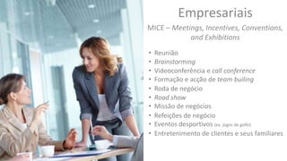 Empresariais
MICE – Meetings, Incentives, Conventions,
and Exhibitions
• Reunião
• Videoconferência e call conference
• Roda de negócio
• Road show
• Eventos desportivos (ex. jogos de golfe)
• Brainstorming
• Refeições de negócio
• Entretenimento de clientes e seus familiares
• Formação e acção de team builing
• Missão de negócios
 