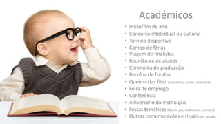 Académicos
• Concurso intelectual ou cultural
• Torneio desportivo
• Campo de férias
• Viagem de finalistas
• Reunião de ex-alunos
• Cerimónia de graduação
• Recolha de fundos
• Queima das fitas (concertos, bailes, serenatas)
• Feira de emprego
• Conferência
• Aniversário da instituição
• Festas temáticas (dia do pai, halloween, carnaval)
• Início/fim de ano
• Outras comemorações e rituais (ex. praxe)
 