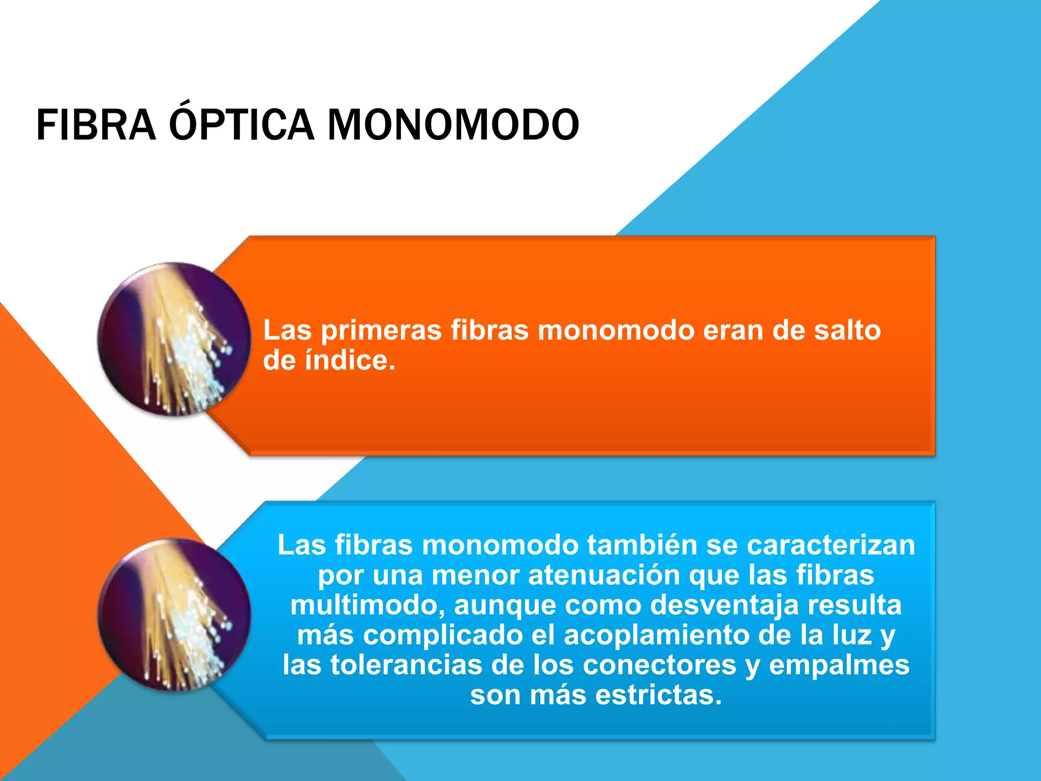 FIBRA ÓPTICA MONOMODO 
Las primeras fibras monomodo eran de salto 
de índice. 
Las fibras monomodo también se caracterizan 
por una menor atenuación que las fibras 
multimodo, aunque como desventaja resulta 
más complicado el acoplamiento de la luz y 
las tolerancias de los conectores y empalmes 
son más estrictas. 
 