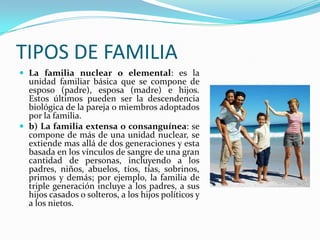 TIPOS DE FAMILIA
 La familia nuclear o elemental: es la
  unidad familiar básica que se compone de
  esposo (padre), esposa (madre) e hijos.
  Estos últimos pueden ser la descendencia
  biológica de la pareja o miembros adoptados
  por la familia.
 b) La familia extensa o consanguínea: se
  compone de más de una unidad nuclear, se
  extiende mas allá de dos generaciones y esta
  basada en los vínculos de sangre de una gran
  cantidad de personas, incluyendo a los
  padres, niños, abuelos, tíos, tías, sobrinos,
  primos y demás; por ejemplo, la familia de
  triple generación incluye a los padres, a sus
  hijos casados o solteros, a los hijos políticos y
  a los nietos.
 