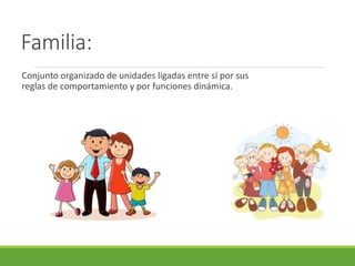 Familia: 
Conjunto organizado de unidades ligadas entre sí por sus 
reglas de comportamiento y por funciones dinámica. 
 