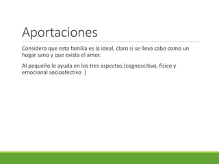 Aportaciones 
Considero que esta familia es la ideal, claro si se lleva cabo como un 
hogar sano y que exista el amor. 
Al pequeño le ayuda en los tres aspectos.(cognoscitivo, físico y 
emocional socioafectivo ) 
 
