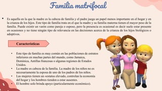 • Es aquella en la que la madre es la cabeza de familia y el padre juega un papel menos importante en el hogar y en
la crianza de los hijos. Este tipo de familia trata en el que la madre y su familia materna tienen el mayor peso de la
familia. Puede existir un varón como pareja o esposo, pero la presencia es ocasional es decir suele estar presente
en ocasiones y no tiene ningún tipo de relevancia en las decisiones acerca de la crianza de los hijos biológicos o
adoptivos.
Familia matrifocal
Características
• Este tipo de familia es muy común en las poblaciones de estratos
inferiores en muchas partes del mundo, como Jamaica,
Dominica, Antillas francesas o algunas regiones de Estados
Unidos.
• La madre es cabeza de la familia. La madre de los niños no es
necesariamente la esposa de uno de los padres de los niños.
• Las mujeres tienen un «estatus elevado, controlan la economía
del hogar y los hombres tienden a estar ausentes.
• El hombre solo brinda apoyo (particularmente económico).
 