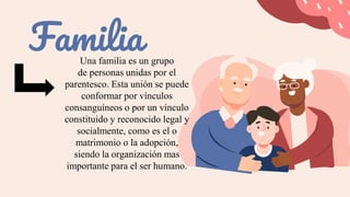 Familia
Una familia es un grupo
de personas unidas por el
parentesco. Esta unión se puede
conformar por vínculos
consanguíneos o por un vínculo
constituido y reconocido legal y
socialmente, como es el o
matrimonio o la adopción,
siendo la organización mas
importante para el ser humano.
 