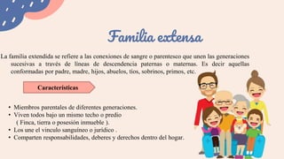 Familia extensa
La familia extendida se refiere a las conexiones de sangre o parentesco que unen las generaciones
sucesivas a través de líneas de descendencia paternas o maternas. Es decir aquellas
conformadas por padre, madre, hijos, abuelos, tíos, sobrinos, primos, etc.
Características
• Miembros parentales de diferentes generaciones.
• Viven todos bajo un mismo techo o predio
( Finca, tierra o posesión inmueble ).
• Los une el vinculo sanguíneo o jurídico .
• Comparten responsabilidades, deberes y derechos dentro del hogar.
 