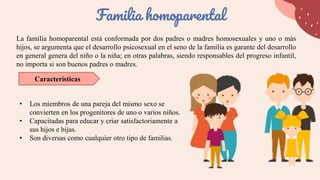 La familia homoparental está conformada por dos padres o madres homosexuales y uno o más
hijos, se argumenta que el desarrollo psicosexual en el seno de la familia es garante del desarrollo
en general genera del niño o la niña; en otras palabras, siendo responsables del progreso infantil,
no importa si son buenos padres o madres.
Familia homoparental
Características
• Los miembros de una pareja del mismo sexo se
convierten en los progenitores de uno o varios niños.
• Capacitadas para educar y criar satisfactoriamente a
sus hijos e hijas.
• Son diversas como cualquier otro tipo de familias.
 
