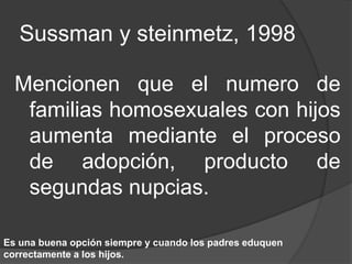 Sussman y steinmetz, 1998 
Mencionen que el numero de 
familias homosexuales con hijos 
aumenta mediante el proceso 
de adopción, producto de 
segundas nupcias. 
Es una buena opción siempre y cuando los padres eduquen 
correctamente a los hijos. 
