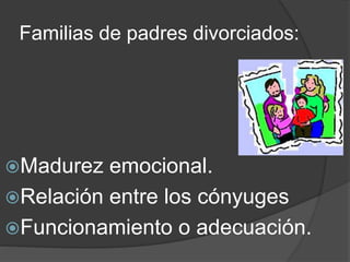 Familias de padres divorciados: 
Madurez emocional. 
Relación entre los cónyuges 
Funcionamiento o adecuación. 
 