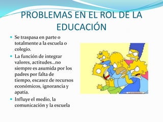 PROBLEMAS EN EL ROL DE LA EDUCACIÓNSe traspasa en parte o totalmente a la escuela o colegio.La función de integrar valores, actitudes…no siempre es asumida por los padres por falta de tiempo, escasez de recursos económicos, ignorancia y apatía.Influye el medio, la comunicación y la escuela
