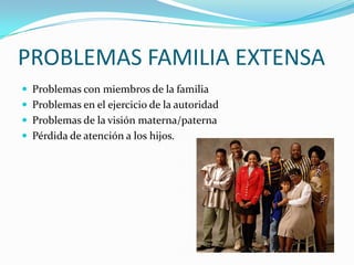 PROBLEMAS FAMILIA EXTENSAProblemas con miembros de la familiaProblemas en el ejercicio de la autoridadProblemas de la visión materna/paternaPérdida de atención a los hijos.