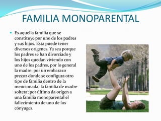 FAMILIA MONOPARENTALEs aquella familia que se constituye por uno de los padres y sus hijos. Esta puede tener diversos orígenes. Ya sea porque los padres se han divorciado y los hijos quedan viviendo con uno de los padres, por lo general la madre; por un embarazo precoz donde se configura otro tipo de familia dentro de la mencionada, la familia de madre soltera; por último da origen a una familia monoparental el fallecimiento de uno de los cónyuges. 