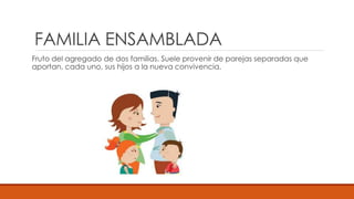 FAMILIA ENSAMBLADA
Fruto del agregado de dos familias. Suele provenir de parejas separadas que
aportan, cada uno, sus hijos a la nueva convivencia.
 