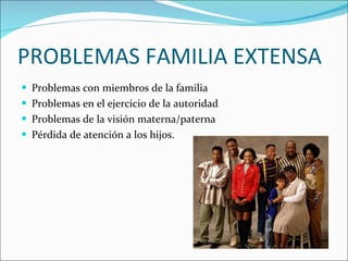 PROBLEMAS FAMILIA EXTENSA Problemas con miembros de la familia Problemas en el ejercicio de la autoridad Problemas de la visión materna/paterna Pérdida de atención a los hijos. 