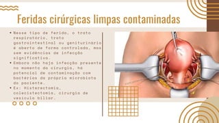 Feridas cirúrgicas limpas contaminadas
Nesse tipo de ferida, o trato
respiratório, trato
gastrointestinal ou geniturinário
é aberto de forma controlada, mas
sem evidências de infecção
significativa.
Embora não haja infecção presente
no momento da cirurgia, há
potencial de contaminação com
bactérias da própria microbiota
do paciente.
Ex: Histerectomia,
colecistectomia, cirurgia de
vesícula biliar.
 