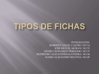 TIPOS DE FICHAS INTEGRANTES: ROBERTO ANGEL CASTRO. NO 14 JOSE MIGUEL MORAN. NO 33 HENRY LEONARDO PERDOMO. NO 37 SIGFREDRO ALEXANDER SAAVEDRA. NO 44 MARIO ALEJANDRO SEGOVIA. NO 49 