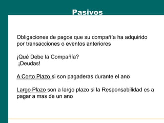 Pasivos
Obligaciones de pagos que su compañía ha adquirido
por transacciones o eventos anteriores
¡Qué Debe la Compañía?
¡Deudas!
A Corto Plazo si son pagaderas durante el ano
Largo Plazo son a largo plazo si la Responsabilidad es a
pagar a mas de un ano
 