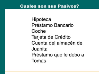 Cuales son sus Pasivos?
Hipoteca
Préstamo Bancario
Coche
Tarjeta de Crédito
Cuenta del almacén de
Juanita
Préstamo que le debo a
Tomas
 