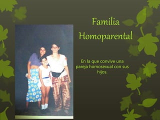 Familia
Homoparental
En la que convive una
pareja homosexual con sus
hijos.
 