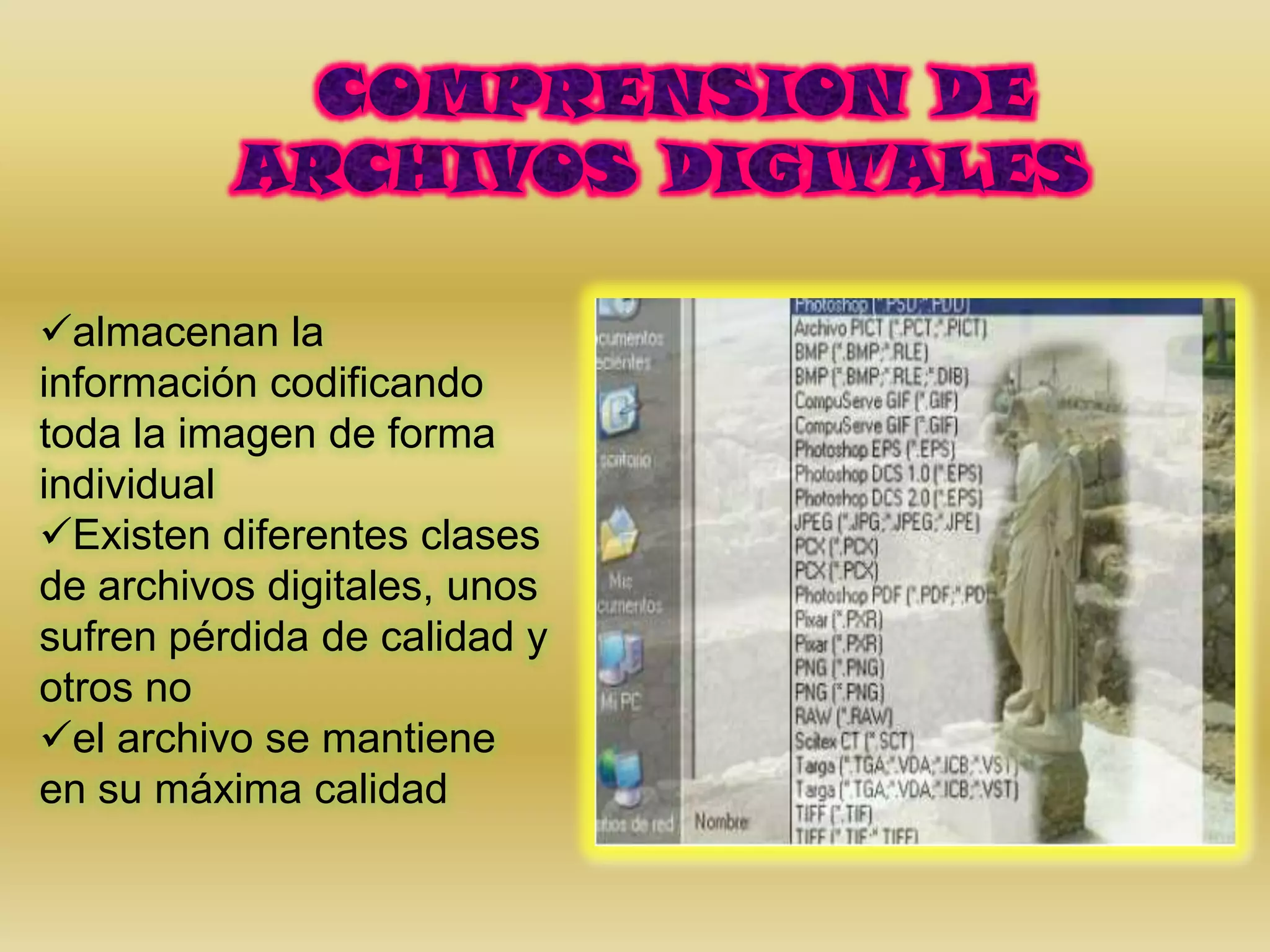 almacenan la
información codificando
toda la imagen de forma
individual
Existen diferentes clases
de archivos digitales, unos
sufren pérdida de calidad y
otros no
el archivo se mantiene
en su máxima calidad
 