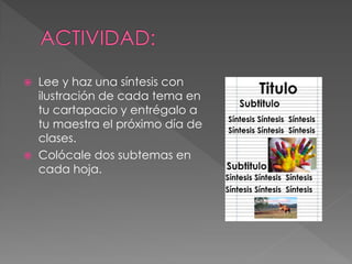  Lee y haz una síntesis con
ilustración de cada tema en
tu cartapacio y entrégalo a
tu maestra el próximo día de
clases.
 Colócale dos subtemas en
cada hoja.
 
