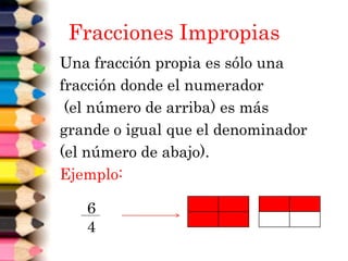 Fracciones Impropias
Una fracción propia es sólo una
fracción donde el numerador
(el número de arriba) es más
grande o igual que el denominador
(el número de abajo).
Ejemplo:
6
4