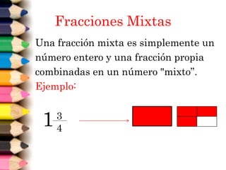 Fracciones Mixtas
Una fracción mixta es simplemente un
número entero y una fracción propia
combinadas en un número "mixto”.
Ejemplo:
1 3
4