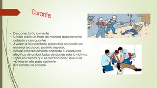 • Desconectar la corriente
• Subirse sobre un troza de madera debidamente
calzado y con guantes
• Ayudar al accidentado pasándole un bastón en
madera seca para poderlo separar.
• actuar inmediatamente cortando el conductor
eléctrico de ambos lados de donde esta la victima.
• Tener en cuenta que el electrocutado que es la
victima en ella pasa corriente
• Dar señales de socorro
 