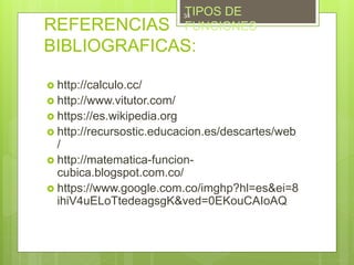 REFERENCIAS
BIBLIOGRAFICAS:
 http://calculo.cc/
 http://www.vitutor.com/
 https://es.wikipedia.org
 http://recursostic.educacion.es/descartes/web
/
 http://matematica-funcion-
cubica.blogspot.com.co/
 https://www.google.com.co/imghp?hl=es&ei=8
ihiV4uELoTtedeagsgK&ved=0EKouCAIoAQ
TIPOS DE
FUNCIONES
34
 