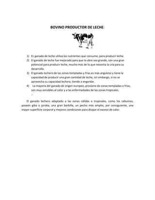 BOVINO PRODUCTOR DE LECHE:




   1) EL ganado de leche utiliza los nutrientes que consume, para producir leche.
   2) El ganado de leche fue mejorado para que la ubre sea grande, con una gran
      potencial para producir leche, mucho más de lo que necesita la cría para su
      desarrollo.
   3) El ganado lechero de las zonas templadas y frías es más anguloso y tiene la
      capacidad de producir una gran cantidad de leche, sin embargo, si no se
      aprovecha su capacidad lechera, tiende a engordar.
   4) La mayoría del ganado de origen europeo, proviene de zonas templadas o frías,
      son muy sensibles al calor y a las enfermedades de las zonas tropicales.
      .-

   El ganado lechero adaptado a las zonas cálidas o tropicales, como los cebuinos,
poseen giba o joroba, una gran barbilla, un pecho más amplio, por consiguiente, una
mayor superficie corporal y mejores condiciones para disipar el exceso de calor.
 