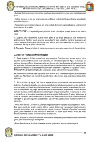 UNIVERSIDAD NACIONAL DEL ALTIPLANO- PUNO FACULTAD DE CIENCIAS DE LA
EDUCACION ESCUELA PROFESIONAL DE EDUCACION FISICA
23
GIMNASIA CON APARATOS Y A MANO LIBRE
- Subidas: Movimientoprogresivoenelque elágil varía deuna posiciónmásbajaaotra másalta sobre el
portor.
- Saltos: Acciones en las que se produce una pérdida de contacto con la superficie de apoyo tras la
propulsión del portor.
- Recepciones:Movimiento en el que el ágil toma contacto de manera equilibrada con el portor o con el
suelo después de un vuelo.
OTROSROLES: En aquellas figuras o pirámides de alta complejidad o riesgo aparecen dos nuevos
roles:
1. Ayudante: Actúa rápidamente cuando algún portor o ágil tenga dificultades para mantener la
pirámide/figura. También puede servir de apoyo al portor para ayudarle a mantener su postura. Así
mismo,puedeservir deapoyo alágil mientras trepa sobre el portor, para ayudarle a adoptar su postura o
mantenerla. Recoge al ágil en caso de caída.
2. Observador: Observa el trabajo de los demás yproporciona consejos para mejorar la figura/pirámide.
ASPECTOSTECNICOSIMPORTANTES
1. Los apoyos: Existen una serie de apoyos seguros. Entendemos por apoyos seguros todos
aquellos puntos donde se pueda situar una carga, en este caso el peso del Ágil, y no suponga un
perjuiciofísicoparaelPortor. Los apoyos debenser siempresobrelaprolongacióndeleje longitudinal de
los segmentos,deformaque elpeso caigasobreelhuesoy no en la mitaddelmismo. Por ejemplo, en la
posicióndebancofacial, los apoyos se realizarán sobre los hombros yla parte más baja de las caderas,
NUNCAEN MITAD DE LAESPALDA. En cuadrupedia dorsal, sobre los hombros ylas rodillas.
En bipedestación, siempre sobre las rodillas o en la unión de la cadera con la pierna, nunca sobre el
cuádriceps. Además en esta posición la espalda ha de estar siempre recta, evitando curvaturas de la
columna.
2. Las presas y agarres: Son un aspecto técnico muy importante para la construcción de
pirámides.Seutilizan entodas las pirámides,independientementelafaseen quese encuentre,facilitando
su construcciónyaportandoseguridadalas mismas.También se usan para las proyecciones ylos giros.
Son muy importantes los juegos previos realizados a la construcción de pirámides, usando la mayor
variedad depresas posibles.Se usanprincipalmenteparaempujaralcompañero en el proceso de unión
o formación de la pirámide y para sostenerlo en una posición de formación. El agarre doble mano a
mano se utiliza para las acciones motrices de balanceos. Las presas son un aspecto fundamental del
Acrosport, ya que dan seguridad y estabilidad a las pirámides y cada una de ellas tiene una función
específica.
- Presa manoa mano:Lasmanosse juntanen unaposiciónestrechadacomodesaludo(darse la mano).
Este agarre puede ser simple, cruzado doble o cruzado doble mixto y se usan principalmente para
empujar al compañero en el proceso de unión o formación de una “Pirámide o Estructura” yen menor
grado, para sostenerlo en una posición de formación. El agarre doble mano a mano, se utiliza
fundamentalmente para las acciones motrices de balanceos.
- Presa de pinza: Se utiliza principalmente para sostener las figuras o posiciones adoptadas yen menor
grado, para lanzar o empujar al compañero.
- Presa Mano-Muñeca: Su utilización es exactamente igual que en la presa anterior de pinza.
 