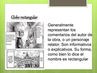 Globo rectangular
Generalmente
representan los
comentarios del autor de
la obra, o un personaje
relator. Son informativos
o explicativos. Su forma,
como bien lo dice el
nombre es rectangular