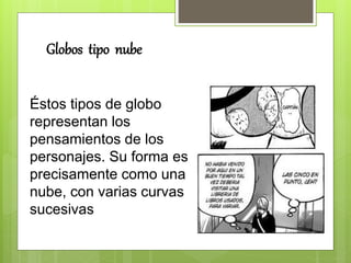 Globos tipo nube
Éstos tipos de globo
representan los
pensamientos de los
personajes. Su forma es
precisamente como una
nube, con varias curvas
sucesivas