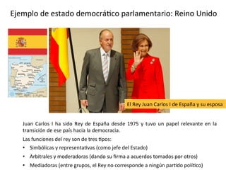 Ejemplo de una monarquía constitucional: España.
Juan Carlos I ha sido Rey de España desde 1975 y tuvo un papel relevante en la
transición de ese país hacia la democracia.
Las funciones del rey son de tres tipos:
• Simbólicas y representativas (como jefe del Estado)
• Arbitrales y moderadoras (dando su firma a acuerdos tomados por otros)
• Mediadoras (entre grupos, el Rey no corresponde a ningún partido político)
El Rey Juan Carlos I de España y su esposa
 