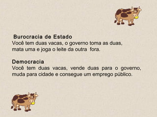  Burocracia de Estado
Você tem duas vacas, o governo toma as duas,
mata uma e joga o leite da outra  fora. 

Democracia
Você tem duas vacas, vende duas para o governo,
muda para cidade e consegue um emprego público.
 