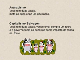 Anarquismo
Você tem duas vacas,
mata as duas e faz um churrasco. 


Capitalismo Selvagem
Você tem duas vacas, vende uma, compra um touro
e o governo toma os bezerros como imposto de renda
na  fonte.
 