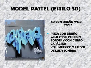 MODEL PASTEL (ESTILO 3D) 3D CON DISEÑO WILD STYLE PIEZA CON DISEÑO WILD STYLE PERO SIN BORDES Y CON CIERTO CARÁCTER VOLUMÉTRICO Y JUEGOS DE LUZ Y SOMBRA 