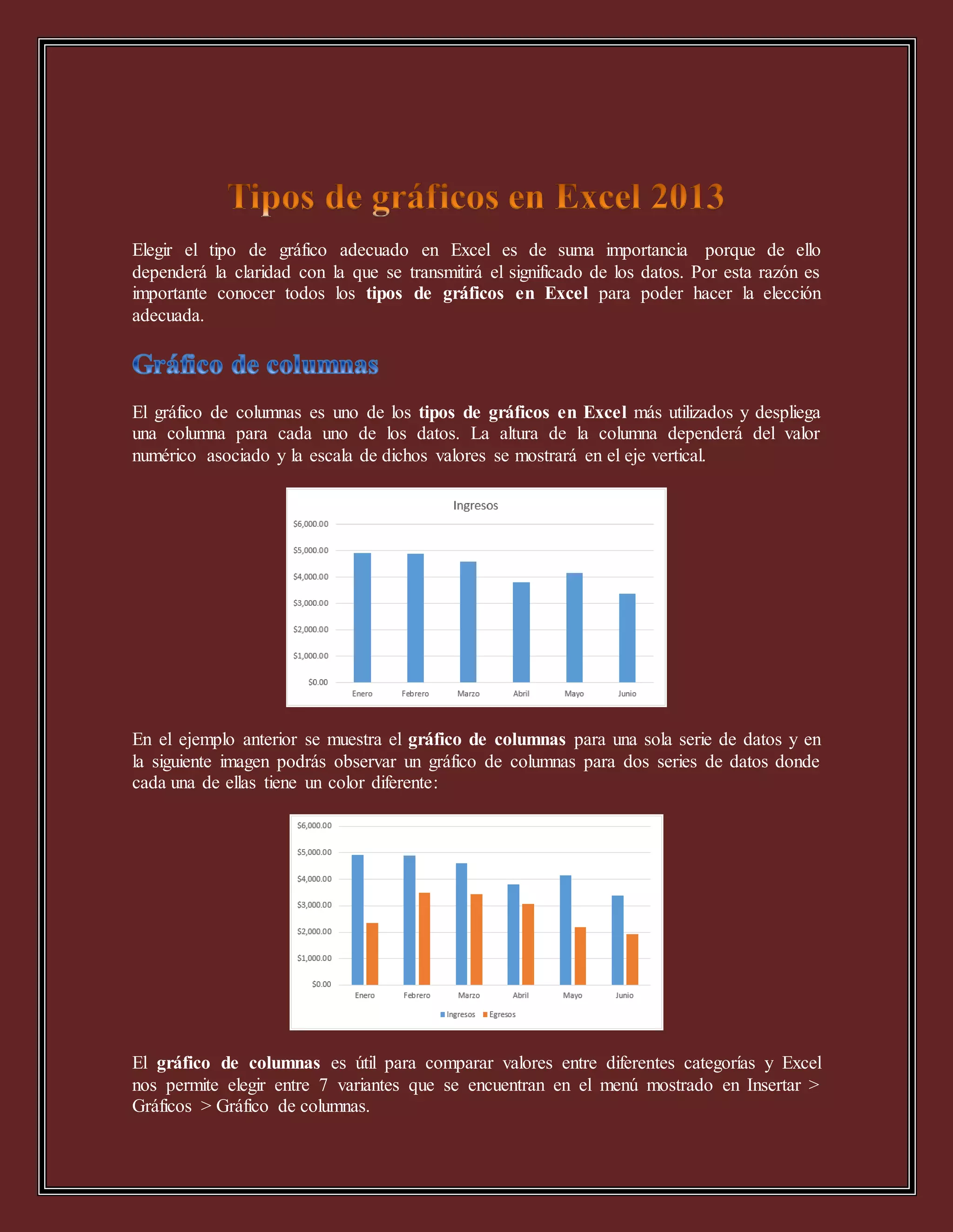 Elegir el tipo de gráfico adecuado en Excel es de suma importancia porque de ello
dependerá la claridad con la que se transmitirá el significado de los datos. Por esta razón es
importante conocer todos los tipos de gráficos en Excel para poder hacer la elección
adecuada.
El gráfico de columnas es uno de los tipos de gráficos en Excel más utilizados y despliega
una columna para cada uno de los datos. La altura de la columna dependerá del valor
numérico asociado y la escala de dichos valores se mostrará en el eje vertical.
En el ejemplo anterior se muestra el gráfico de columnas para una sola serie de datos y en
la siguiente imagen podrás observar un gráfico de columnas para dos series de datos donde
cada una de ellas tiene un color diferente:
El gráfico de columnas es útil para comparar valores entre diferentes categorías y Excel
nos permite elegir entre 7 variantes que se encuentran en el menú mostrado en Insertar >
Gráficos > Gráfico de columnas.
 