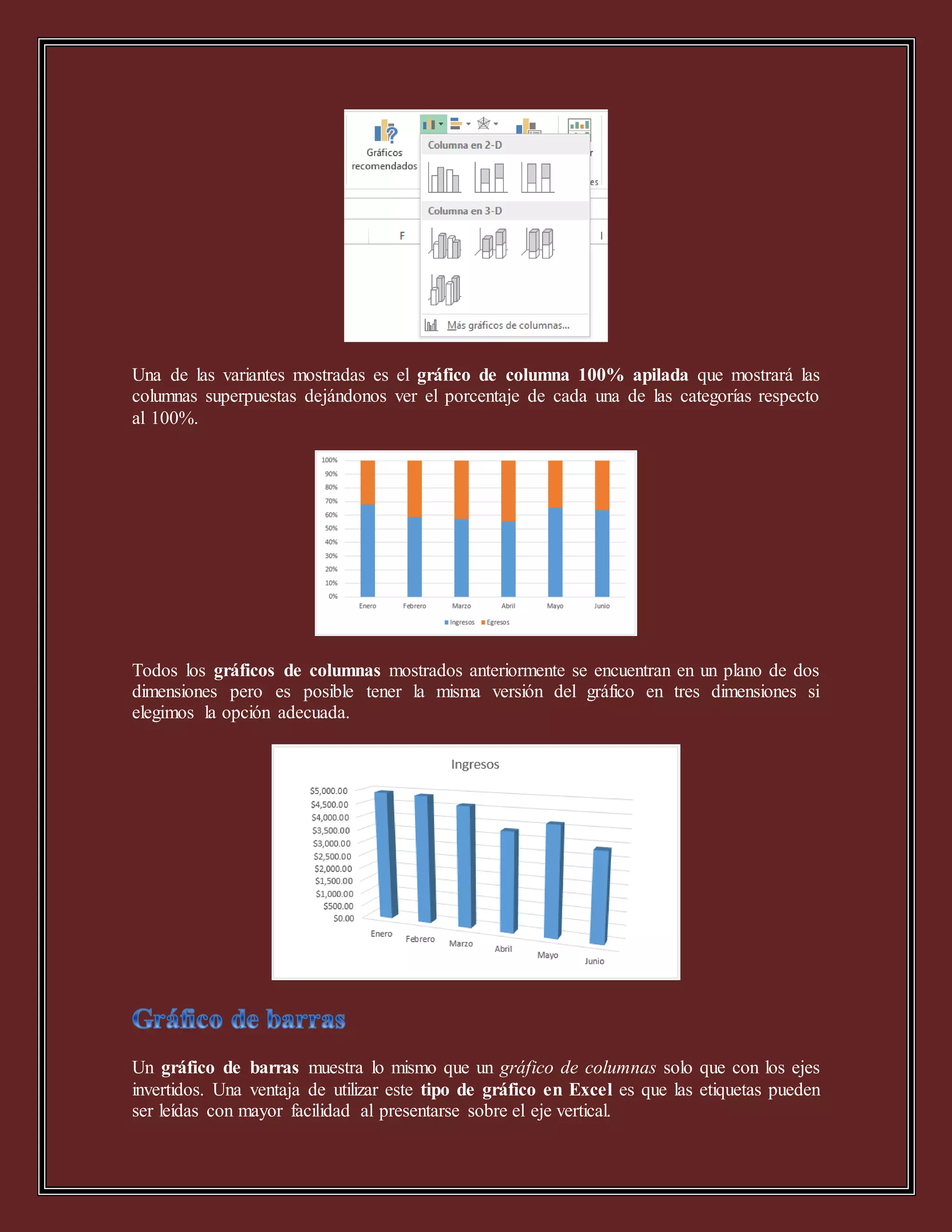Una de las variantes mostradas es el gráfico de columna 100% apilada que mostrará las
columnas superpuestas dejándonos ver el porcentaje de cada una de las categorías respecto
al 100%.
Todos los gráficos de columnas mostrados anteriormente se encuentran en un plano de dos
dimensiones pero es posible tener la misma versión del gráfico en tres dimensiones si
elegimos la opción adecuada.
Un gráfico de barras muestra lo mismo que un gráfico de columnas solo que con los ejes
invertidos. Una ventaja de utilizar este tipo de gráfico en Excel es que las etiquetas pueden
ser leídas con mayor facilidad al presentarse sobre el eje vertical.
 