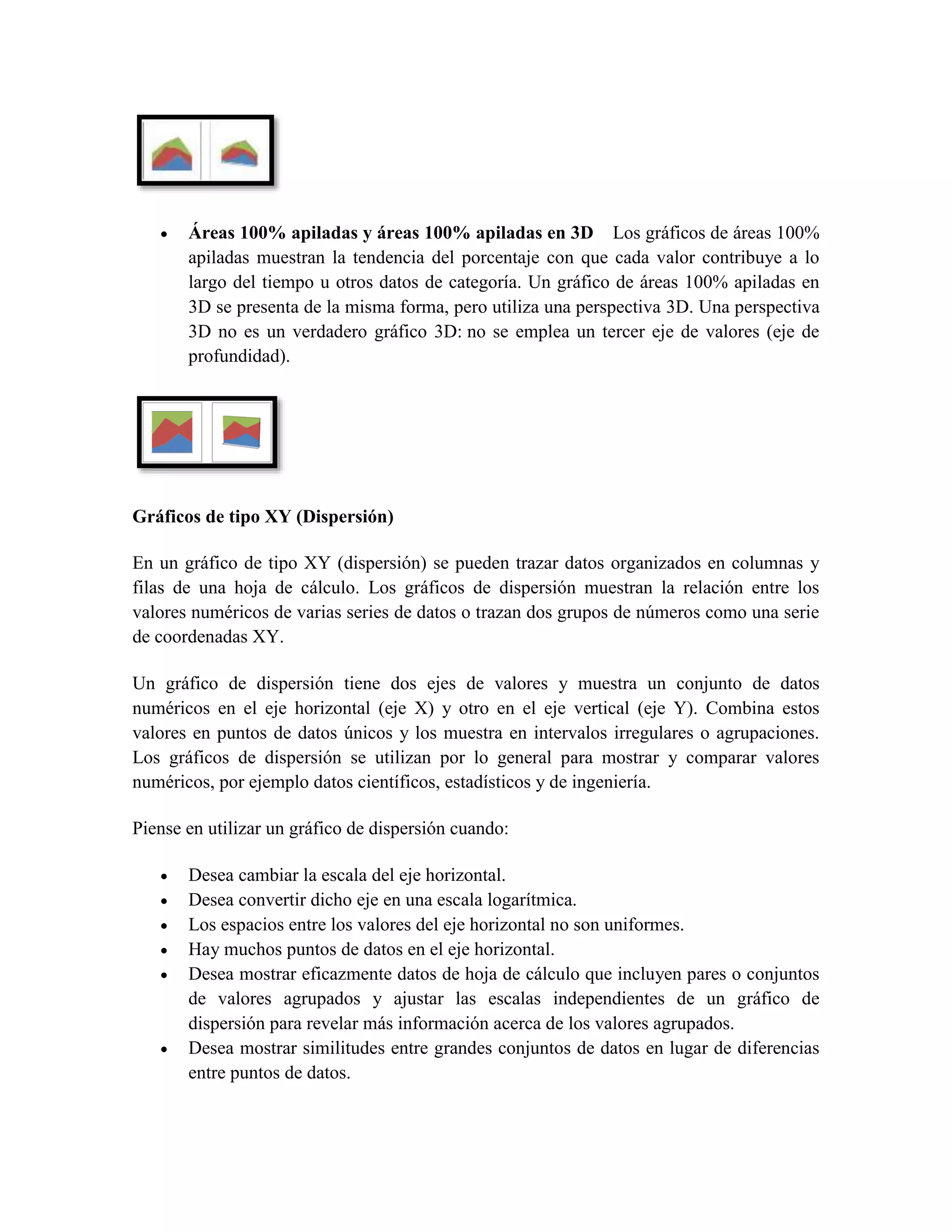  Áreas 100% apiladas y áreas 100% apiladas en 3D Los gráficos de áreas 100% 
apiladas muestran la tendencia del porcentaje con que cada valor contribuye a lo 
largo del tiempo u otros datos de categoría. Un gráfico de áreas 100% apiladas en 
3D se presenta de la misma forma, pero utiliza una perspectiva 3D. Una perspectiva 
3D no es un verdadero gráfico 3D: no se emplea un tercer eje de valores (eje de 
profundidad). 
Gráficos de tipo XY (Dispersión) 
En un gráfico de tipo XY (dispersión) se pueden trazar datos organizados en columnas y 
filas de una hoja de cálculo. Los gráficos de dispersión muestran la relación entre los 
valores numéricos de varias series de datos o trazan dos grupos de números como una serie 
de coordenadas XY. 
Un gráfico de dispersión tiene dos ejes de valores y muestra un conjunto de datos 
numéricos en el eje horizontal (eje X) y otro en el eje vertical (eje Y). Combina estos 
valores en puntos de datos únicos y los muestra en intervalos irregulares o agrupaciones. 
Los gráficos de dispersión se utilizan por lo general para mostrar y comparar valores 
numéricos, por ejemplo datos científicos, estadísticos y de ingeniería. 
Piense en utilizar un gráfico de dispersión cuando: 
 Desea cambiar la escala del eje horizontal. 
 Desea convertir dicho eje en una escala logarítmica. 
 Los espacios entre los valores del eje horizontal no son uniformes. 
 Hay muchos puntos de datos en el eje horizontal. 
 Desea mostrar eficazmente datos de hoja de cálculo que incluyen pares o conjuntos 
de valores agrupados y ajustar las escalas independientes de un gráfico de 
dispersión para revelar más información acerca de los valores agrupados. 
 Desea mostrar similitudes entre grandes conjuntos de datos en lugar de diferencias 
entre puntos de datos. 
 