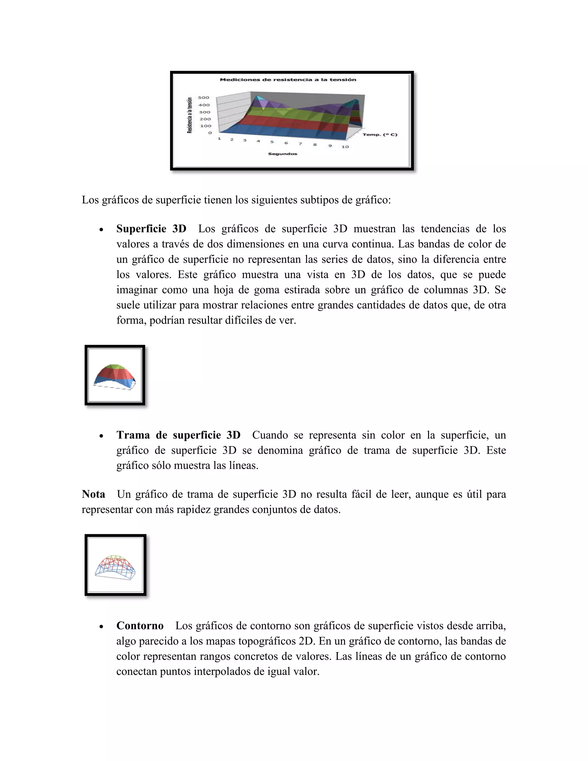Los gráficos de superficie tienen los siguientes subtipos de gráfico: 
 Superficie 3D Los gráficos de superficie 3D muestran las tendencias de los 
valores a través de dos dimensiones en una curva continua. Las bandas de color de 
un gráfico de superficie no representan las series de datos, sino la diferencia entre 
los valores. Este gráfico muestra una vista en 3D de los datos, que se puede 
imaginar como una hoja de goma estirada sobre un gráfico de columnas 3D. Se 
suele utilizar para mostrar relaciones entre grandes cantidades de datos que, de otra 
forma, podrían resultar difíciles de ver. 
 Trama de superficie 3D Cuando se representa sin color en la superficie, un 
gráfico de superficie 3D se denomina gráfico de trama de superficie 3D. Este 
gráfico sólo muestra las líneas. 
Nota Un gráfico de trama de superficie 3D no resulta fácil de leer, aunque es útil para 
representar con más rapidez grandes conjuntos de datos. 
 Contorno Los gráficos de contorno son gráficos de superficie vistos desde arriba, 
algo parecido a los mapas topográficos 2D. En un gráfico de contorno, las bandas de 
color representan rangos concretos de valores. Las líneas de un gráfico de contorno 
conectan puntos interpolados de igual valor. 
 