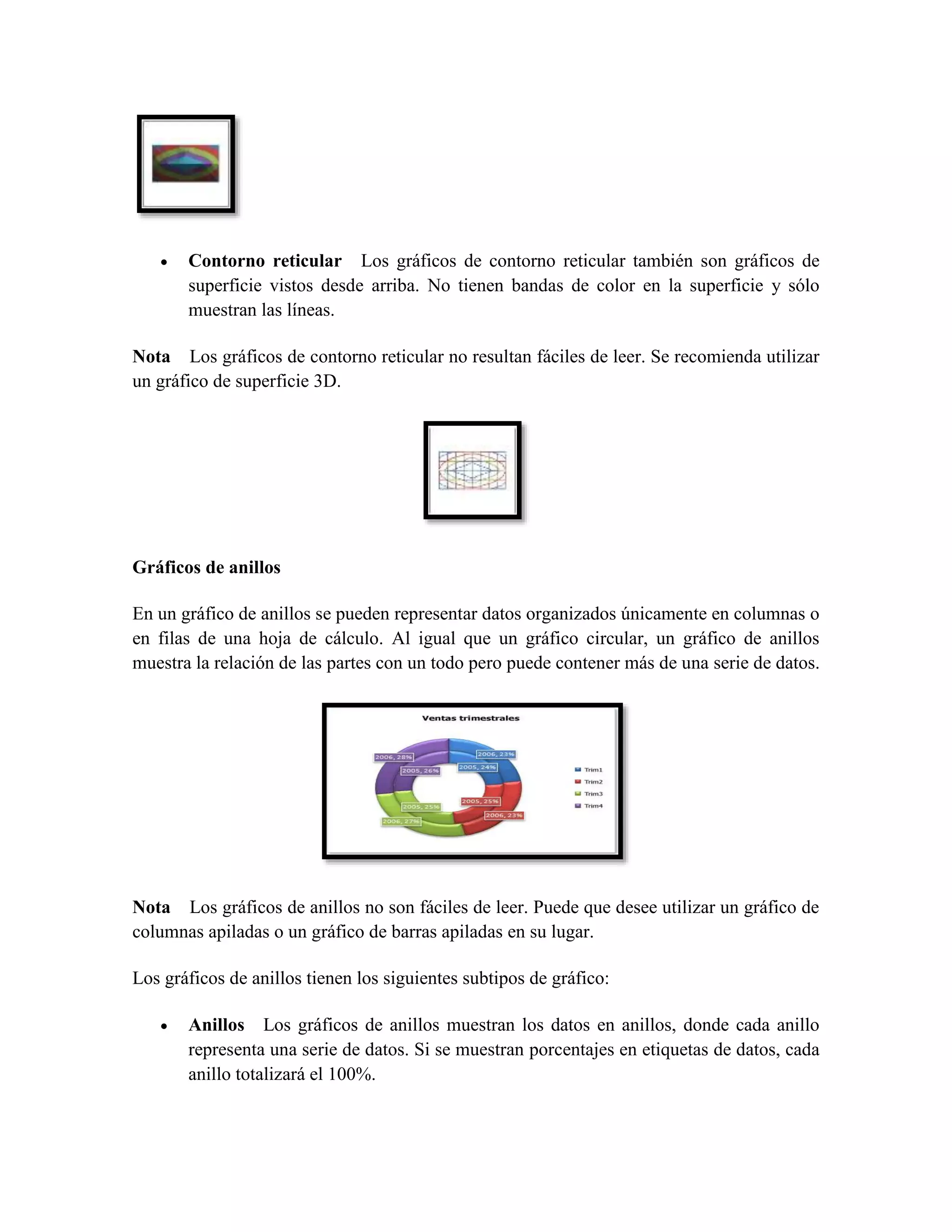  Contorno reticular Los gráficos de contorno reticular también son gráficos de 
superficie vistos desde arriba. No tienen bandas de color en la superficie y sólo 
muestran las líneas. 
Nota Los gráficos de contorno reticular no resultan fáciles de leer. Se recomienda utilizar 
un gráfico de superficie 3D. 
Gráficos de anillos 
En un gráfico de anillos se pueden representar datos organizados únicamente en columnas o 
en filas de una hoja de cálculo. Al igual que un gráfico circular, un gráfico de anillos 
muestra la relación de las partes con un todo pero puede contener más de una serie de datos. 
Nota Los gráficos de anillos no son fáciles de leer. Puede que desee utilizar un gráfico de 
columnas apiladas o un gráfico de barras apiladas en su lugar. 
Los gráficos de anillos tienen los siguientes subtipos de gráfico: 
 Anillos Los gráficos de anillos muestran los datos en anillos, donde cada anillo 
representa una serie de datos. Si se muestran porcentajes en etiquetas de datos, cada 
anillo totalizará el 100%. 
 